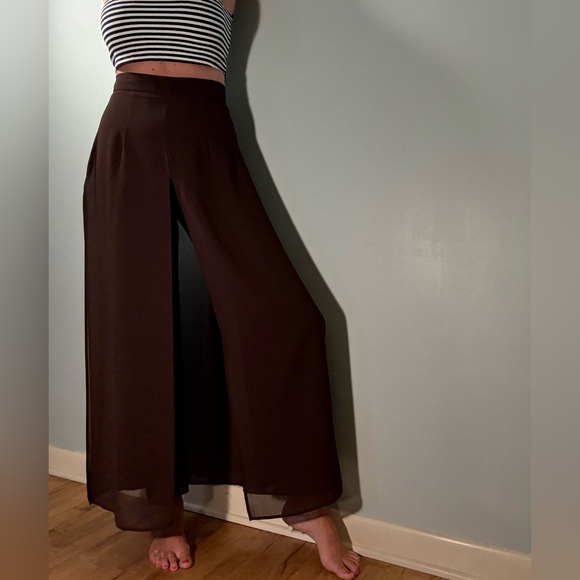 MSK Chocolate Wide-Leg Chiffon Women's Pants, Brown Panel Overlay Dress Pants M - Picture 4 of 16